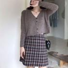 V-neck Cardigan / Plaid A-line Skirt / Set