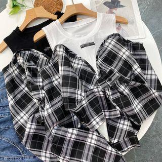 Mock Two Piece Plaid Cropped Top