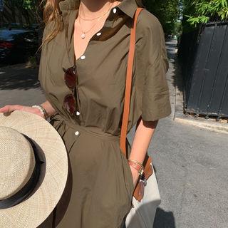 Cotton Long Shirtdress With Sash Khaki - One Size