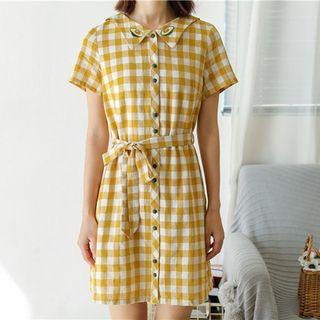 Plaid Short-sleeve Avocado Embroidered Shirtdress With Sash