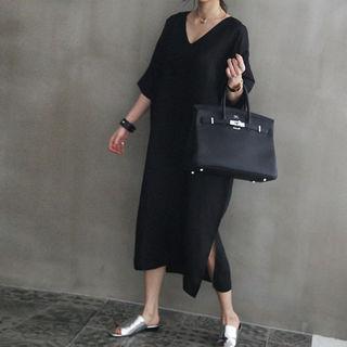 V-neck Linen Long Shift Dress