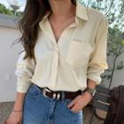 Pocket-front Plain Shirt Light Beige - One Size