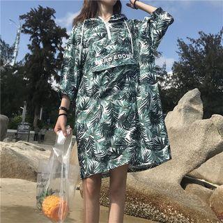 3/4-sleeve Leaf Print Mini Hoodie Dress As Shown In Figure - One Size