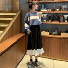 Color Block Sweater / Mid Pleated Skirt