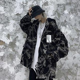Color-block Mock-neck Tie-dye Loose-fit Long-sleeve Zip Hooded Jacket
