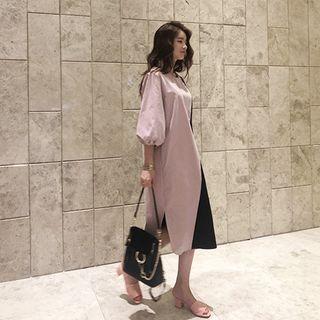 Balloon-sleeve Color-block Dress Pink - One Size