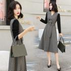 Mock Two-piece Long-sleeve Houndstooth A-line Dress