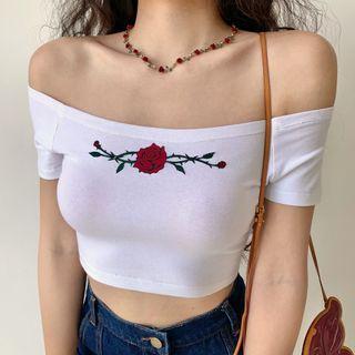 Short-sleeve Off-shoulder Cropped Rose Print Top