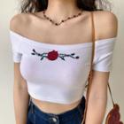 Short-sleeve Off-shoulder Cropped Rose Print Top