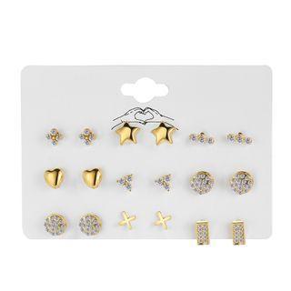 9 Pair Set: Rhinestone / Alloy Earring (various Designs) 53660 - Set Of 9 Pairs - Gold - One Size