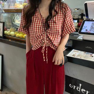 V Collar Plaid Short-sleeved Top