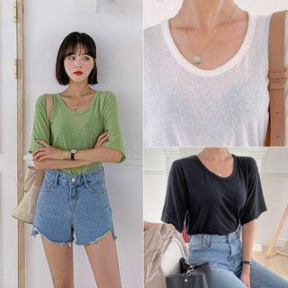 U-neck Linen Blend Sheer T-shirt