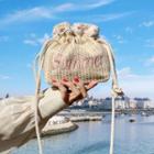 Lettering Embroidered Straw Bucket Bag