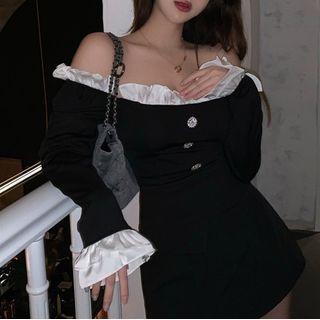 Long-sleeve Two-tone Frill Trim Blouse