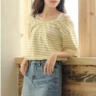 Elbow-sleeve Stripe Lace Strap T-shirt