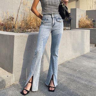 Slit-hem Flap Boot-cut Jeans