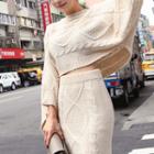 Set: Wide-sleeve Cable-knit Sweater + Midi Skirt