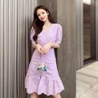 Balloon-sleeve Shirred Eyelet Lace Dress