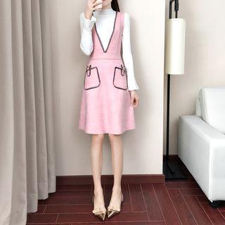 Set: Mock-neck Long-sleeve Knit Top + V-neck Pocketed Pinafore Dress