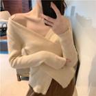 Long-sleeve Asymmetric Ribbed Knit Top Beige Almond - One Size
