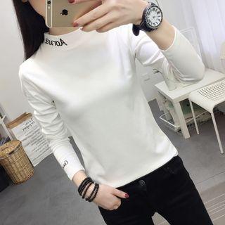 Letter Long-sleeve Mock Neck T-shirt