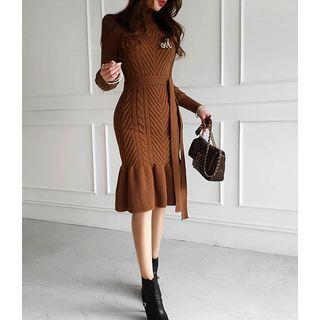 Turtle-neck Cable-knit Mermaid Dress With Sash