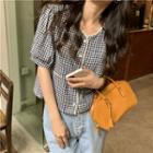 Short-sleeve Plaid Top Black & White - One Size