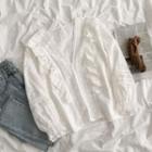 Long-sleeve Frill Trim Crochet Blouse White - One Size