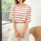 Elbow-sleeve Stripe Linen Blend T-shirt