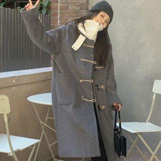 Hooded Toggle-button Woolen Coat Gray - One Size