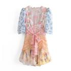 Short-sleeve Floral Print Tie-waist Mini Dress