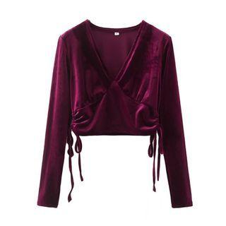 Long-sleeve V-neck Drawstring Velvet Cropped T-shirt