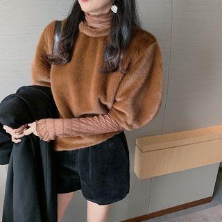Puff-sleeve Fleece Pullover / Mock-neck Long-sleeve Top / Woolen Shorts