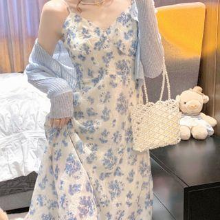 Spaghetti Strap Floral Print Midi Dress / Ribbed Cardigan