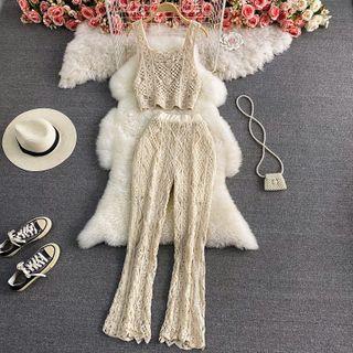 Set: Crochet Cropped Camisole Top + High-waist Boot-cut Pants Set - Camisole Top & Pants - Almond - One Size