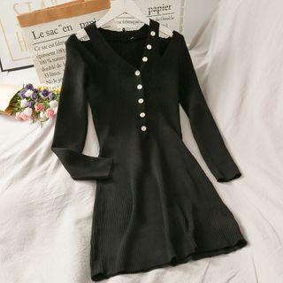 Cutout-shoulder Knit A-line Dress Black - One Size