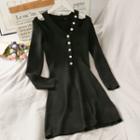 Cutout-shoulder Knit A-line Dress Black - One Size