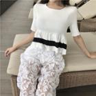 Short-sleeve Two-tone Knit Top / Lace Wide-leg Pants