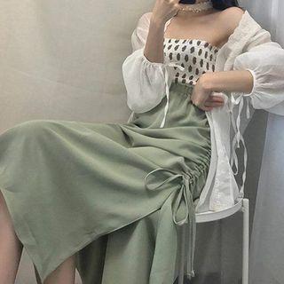 Ruffle Trim Polka Dot Camisole / Drawstring Plain Skirt / Long-sleeve Plain Cardigan / Drawstring Pants