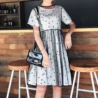 Set: Star Mesh Short-sleeve Mini A-line Dress + Plain Short-sleeve Mini A-line Dress