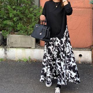 Mock Two-piece Panel Midi A-line Dress Black & White - One Size