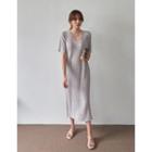 V-neck Slit-side Long Pleated Dress