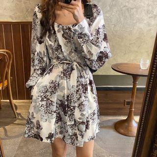 Flower Print Long-sleeve Mini Shift Dress White - One Size