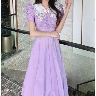 Puff-sleeve V-neck Slim-fit Dress