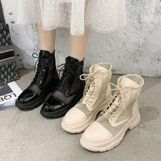 Block Heel Platform Lace Up Mesh Short Boots