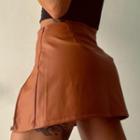 Chain Strap Slit Faux Leather Mini A-line Skirt