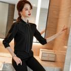 Contrast Stitching Shirt / Cropped Boot-cut Pants / Set