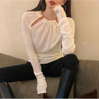 Long-sleeve Cutout Shirred T-shirt