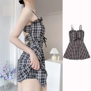 Spaghetti Strap Plaid Cutout Swimdress