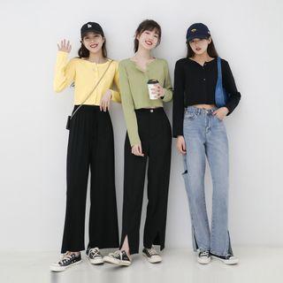 Crewneck Plain Knit Cardigan